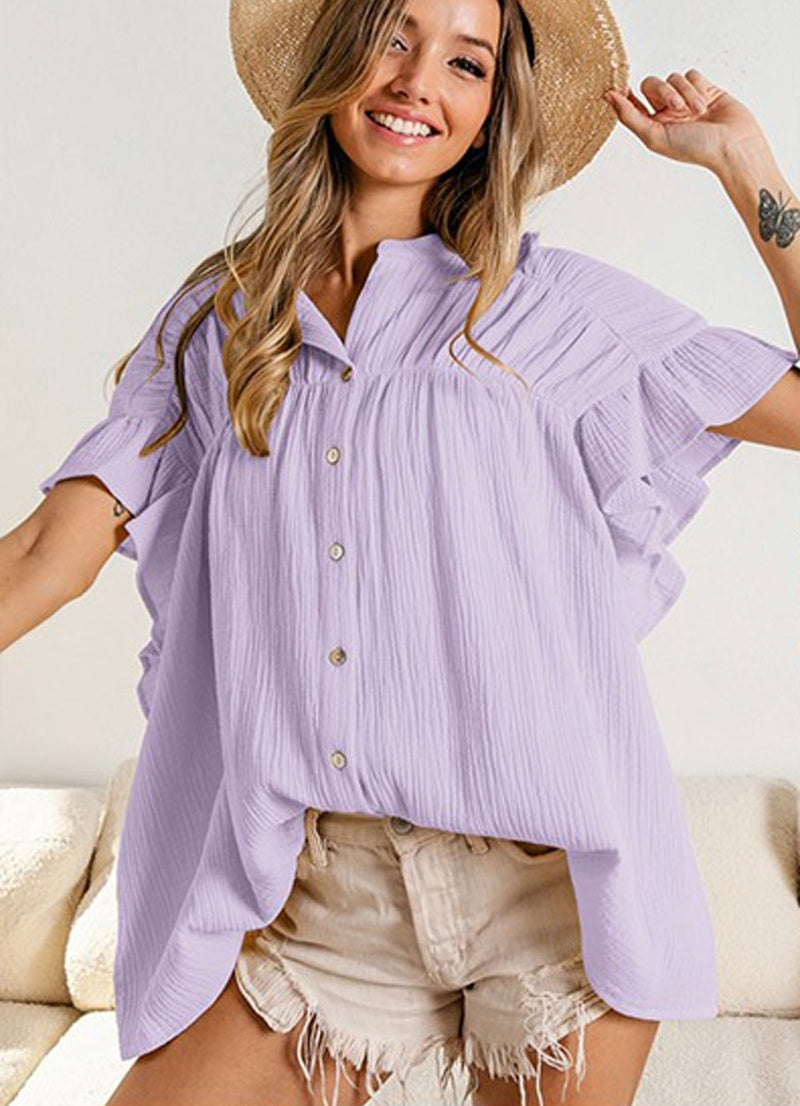 Women's Fashion Stand Collar Ruffled Sleeve Peplum Top