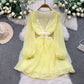 French Style Vacation Gentle Blue Wavy V-neck Dress