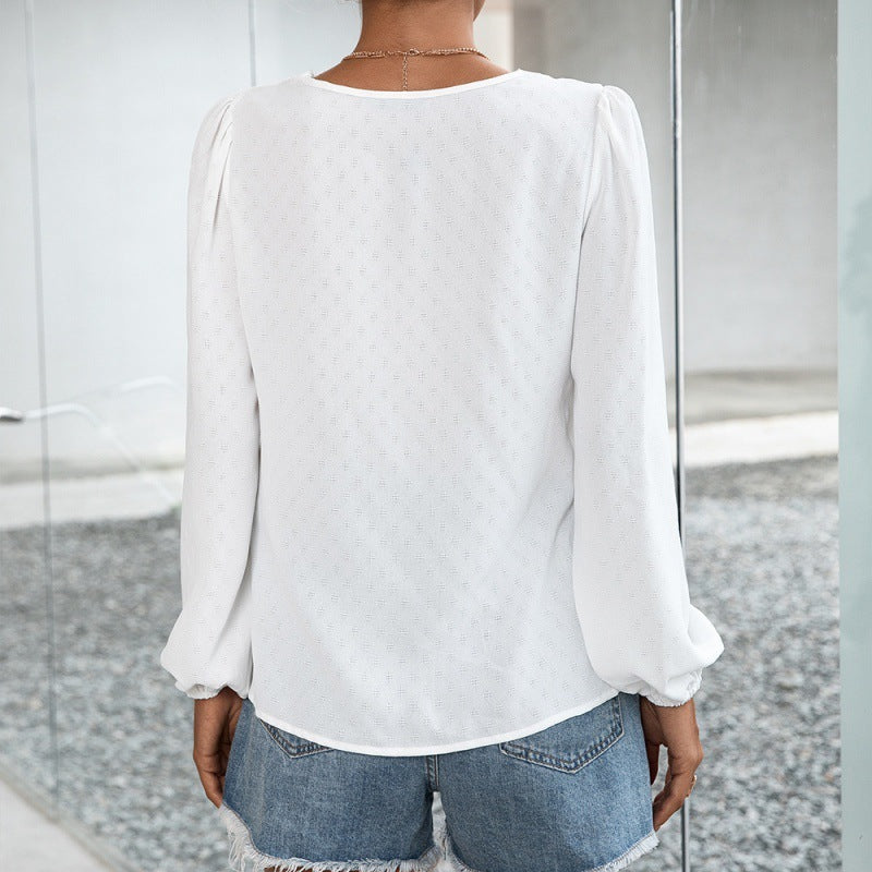 Eyelash Lace Stitching V-neck Pullover Lace Long-sleeved Shirt