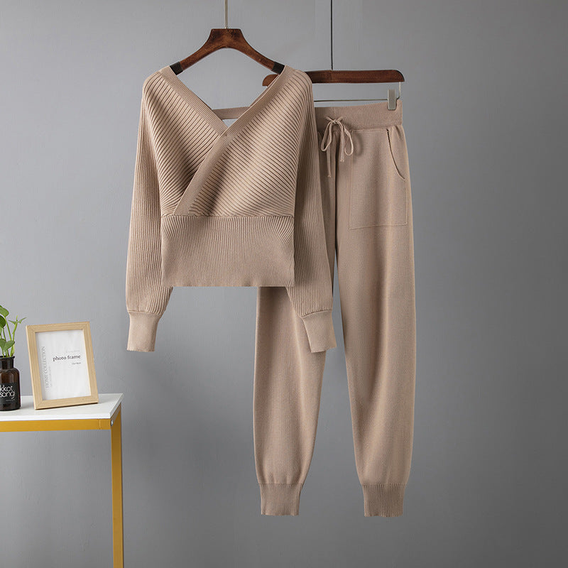 V-neck Sweater Casual Sports Pants Two-piece Set For Women