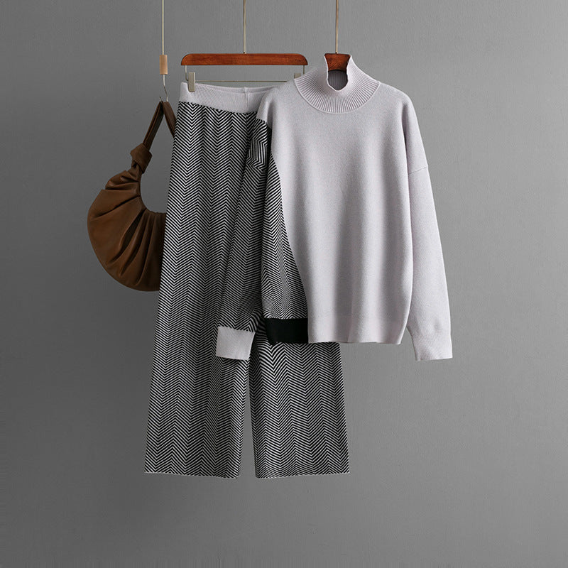 Half Turtleneck Loose Knitted Top Wide Leg Pants Two-piece Set
