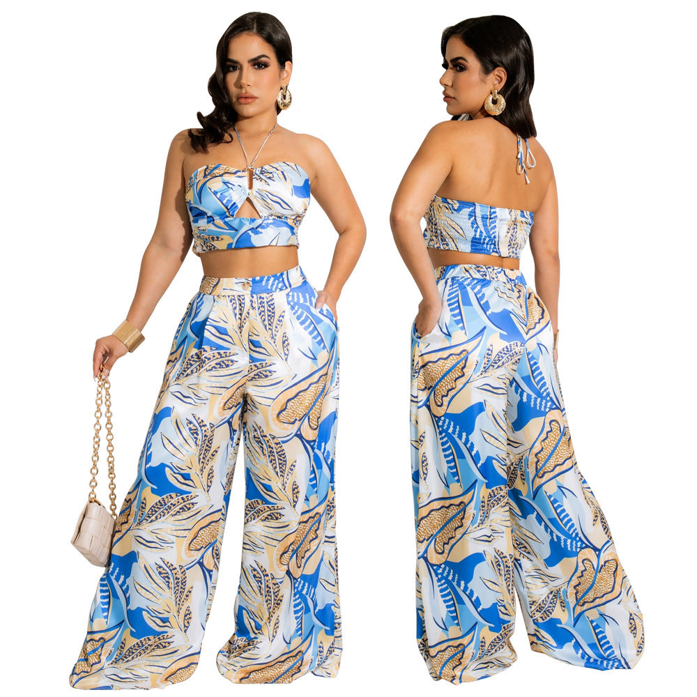 Ensemble deux pièces imprimé haut et pantalon large pour femme