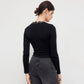 Autumn And Winter Black V-neck Lace-trimmed Twist Long-sleeved Hollow-out Design Slim-fit Bodysuit