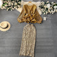 Women's Waist Trimming Ruffles Top Sequined Skirt