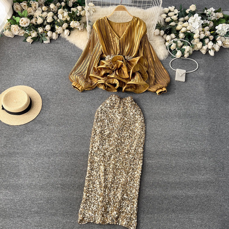 Women's Waist Trimming Ruffles Top Sequined Skirt
