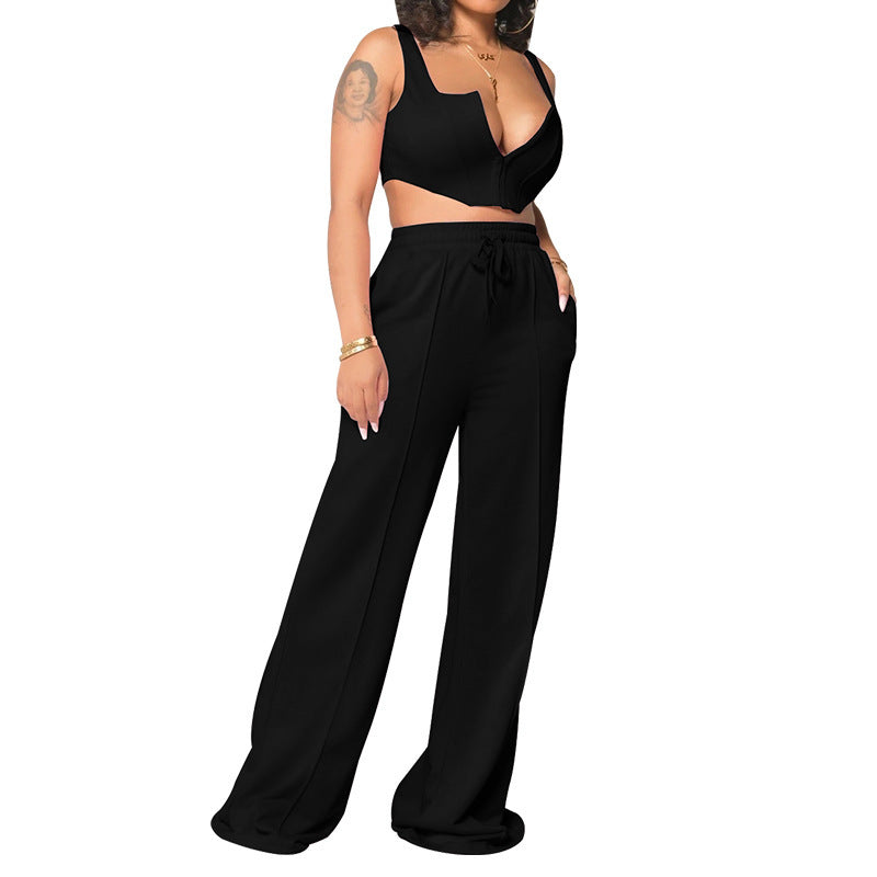 Ensemble deux pièces pour femmes européennes et américaines, haut sexy de couleur unie, pantalon ample à jambes larges