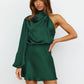 Womens Evening Gown Satin Long Sleeves One-shoulder Dress