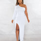 Women's Autumn Oblique Shoulder Lantern Sleeve Solid Color Slim Fit Dress