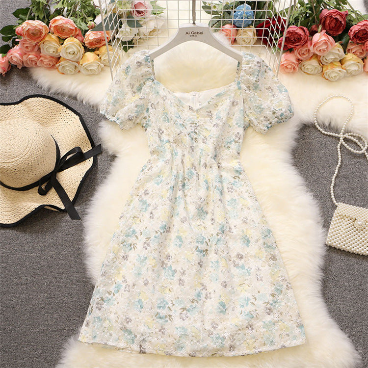 French Floral Dress Women's Tea Break Bellflower Skirt With Puff Sleeves