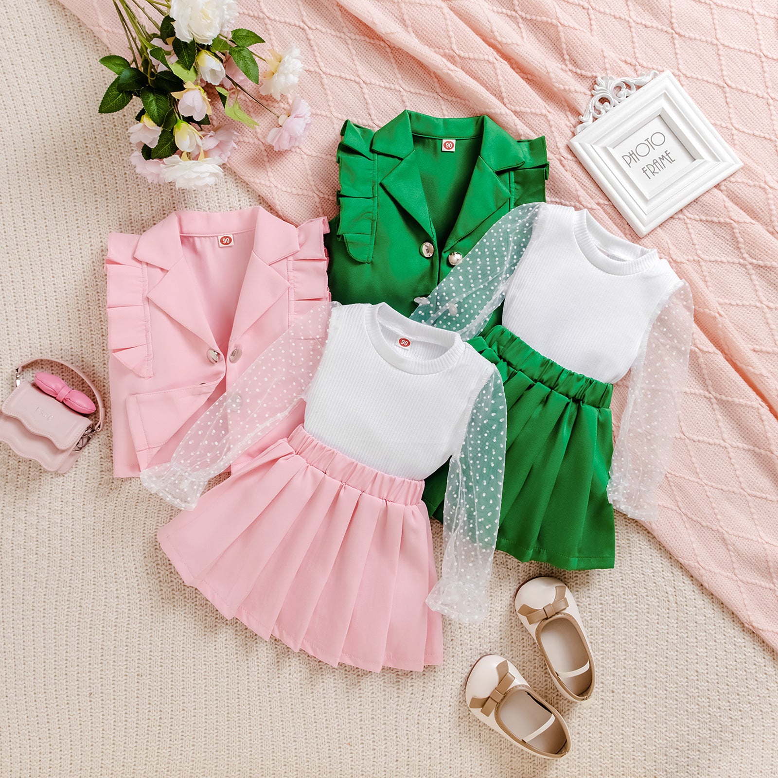 Polka Dot Mesh Sleeve Top Pleated Skirt Sweet Temperament