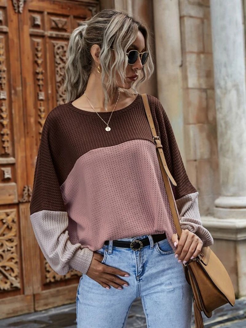Contrasting Color Stitching Waffle Round Neck Long-sleeved Blouse Women