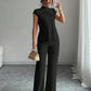 Solid-color Short-sleeve Top And Ribbed Casual Pants Set