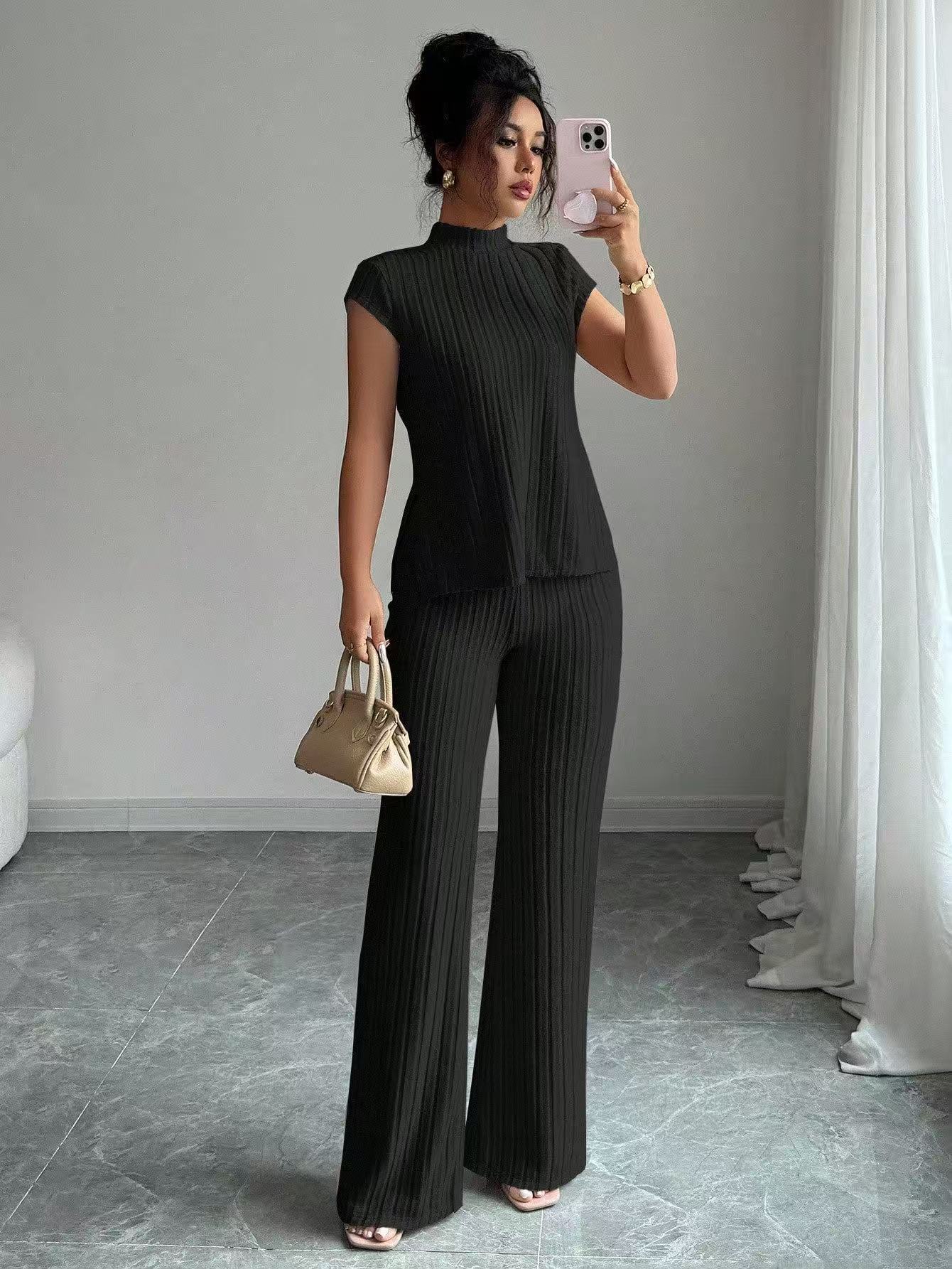 Solid-color Short-sleeve Top And Ribbed Casual Pants Set
