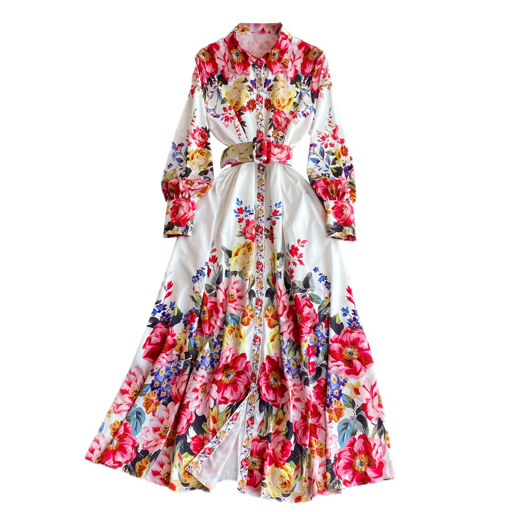 Light Luxury Lapel Puff Sleeve Single-breasted Printing A Words Dress