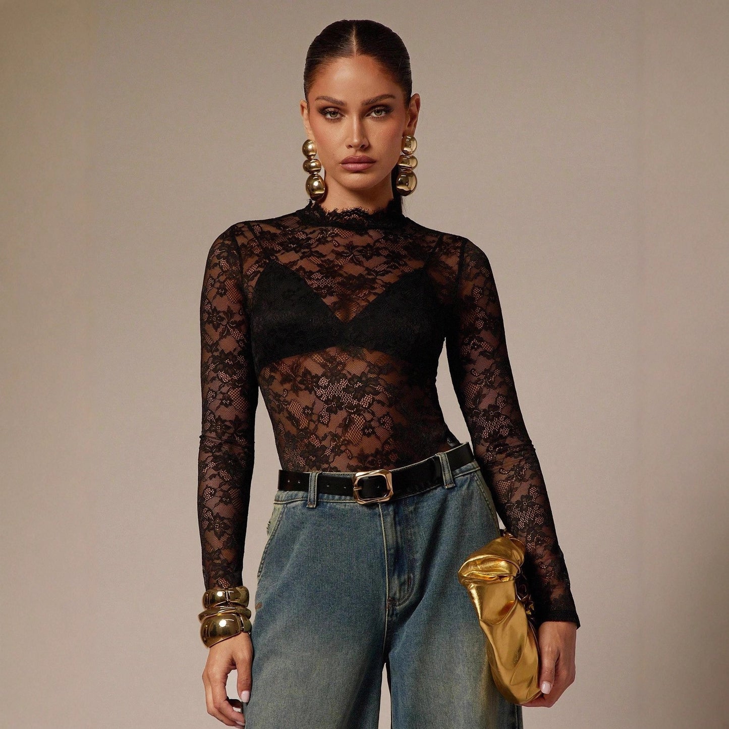 Womens Solid-Color Lace Bodysuit With Small Stand Collar And Long Sleeves