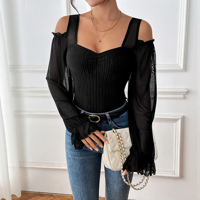Design Sense Backless Gauzy Hollow-out Long Sleeve Waist-tight Jumpsuit For Women Autumn