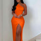 Robe plissée fendue à épaules dénudées pour femme, couleur unie