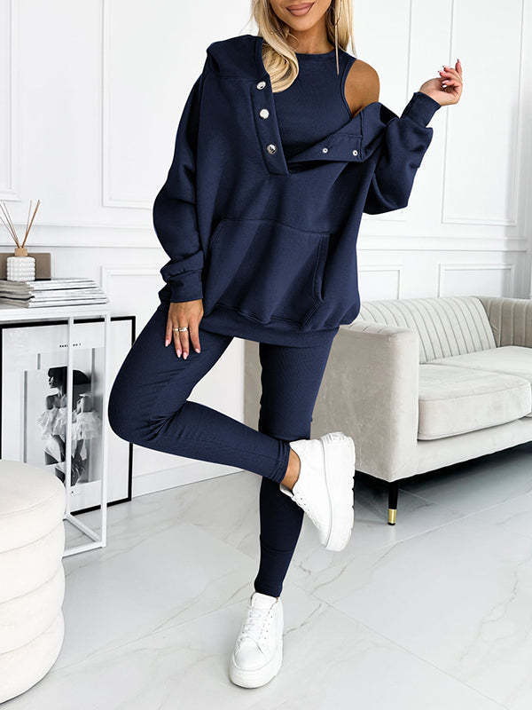 Casual Hooded Sweater Thickened Thread Fitted Vest Pants Three-piece Set