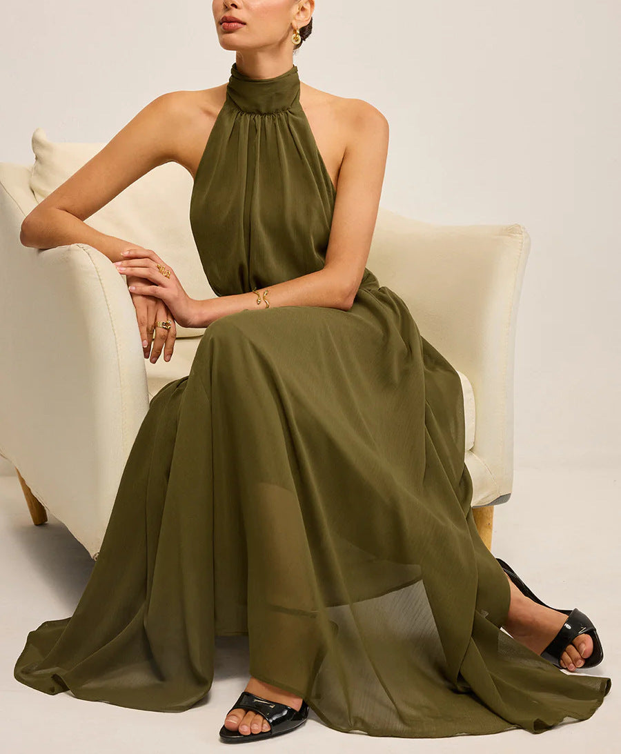 Womens Halterneck Cutout Back Dress With Flowing Ribbons