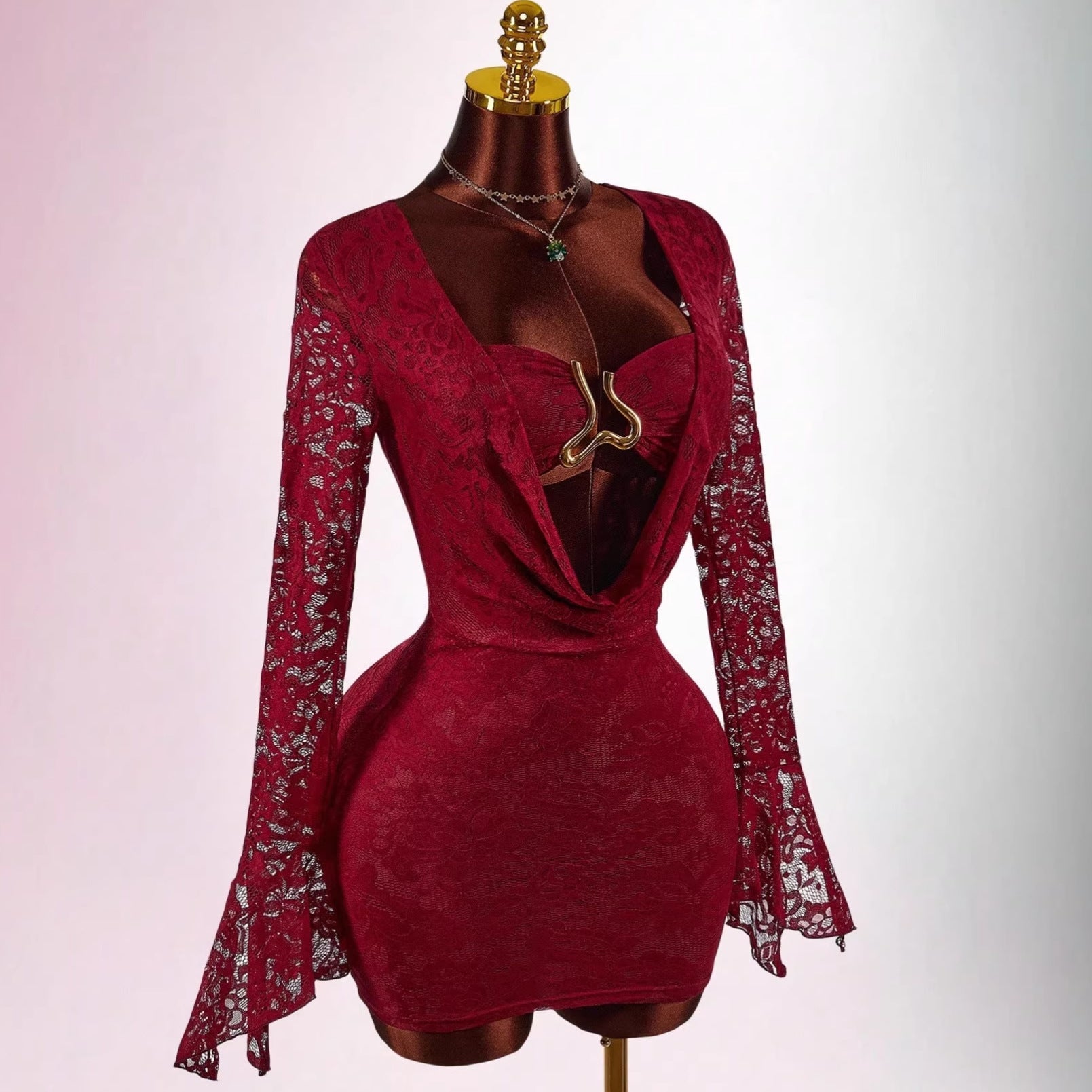 Lace Sheer Patchwork Metal-Trimmed Bodycon Mini Dress