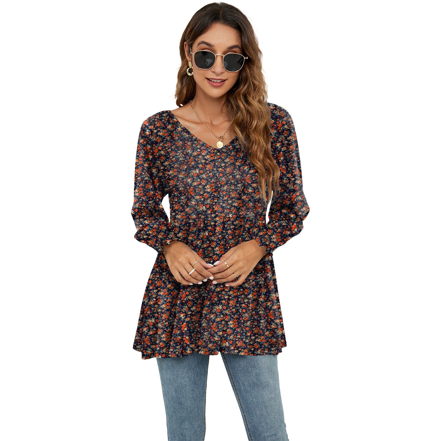 Hauts à manches longues bouffantes pour femmes, imprimés floraux, chemisiers décontractés à col en V, t-shirts, hauts babydoll