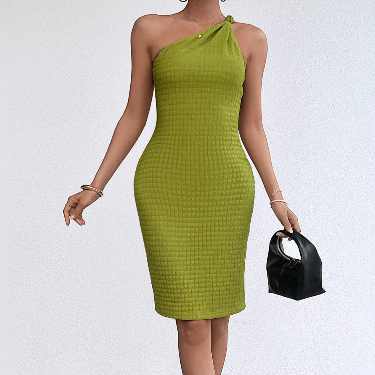 Womens Slant-Neck Off-Shoulder Sexy Slim-Fit Dress