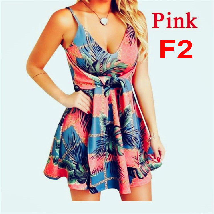 Women's V-Neck Sling Sleeveless Backless Bandage Print Swing Dress