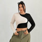 Slim Fit Midriff-baring Slimming Patchwork Round Neck Long Sleeve