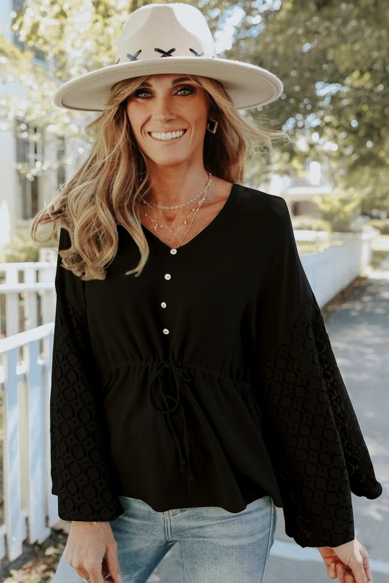 Women's Chiffon Buttoned Hollow Long Sleeve Shirt