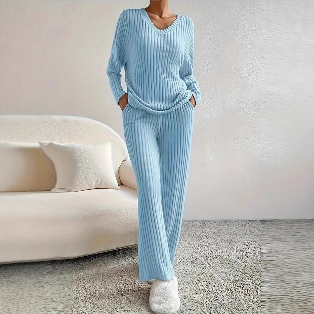 Straight-leg Pants With A Loose And Elegant V-neck Ribbed Two-piece Set