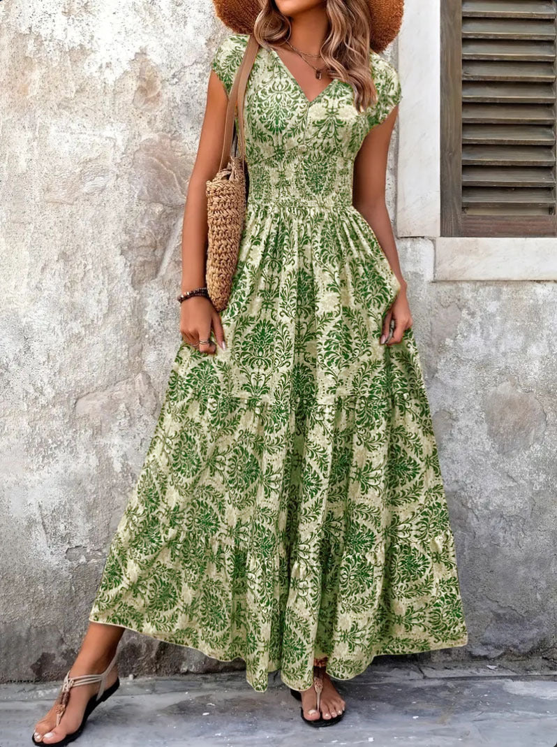 Stylish And Elegant V-neck Short-sleeve Vintage-print Dress