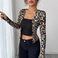 Leopard Print Contrast Color Cardigan T-shirt Long-sleeved Women Blouse