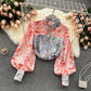 Lantern Sleeves Contrast Color Stitching Temperament POLO Collar Ladies Shirt Trend
