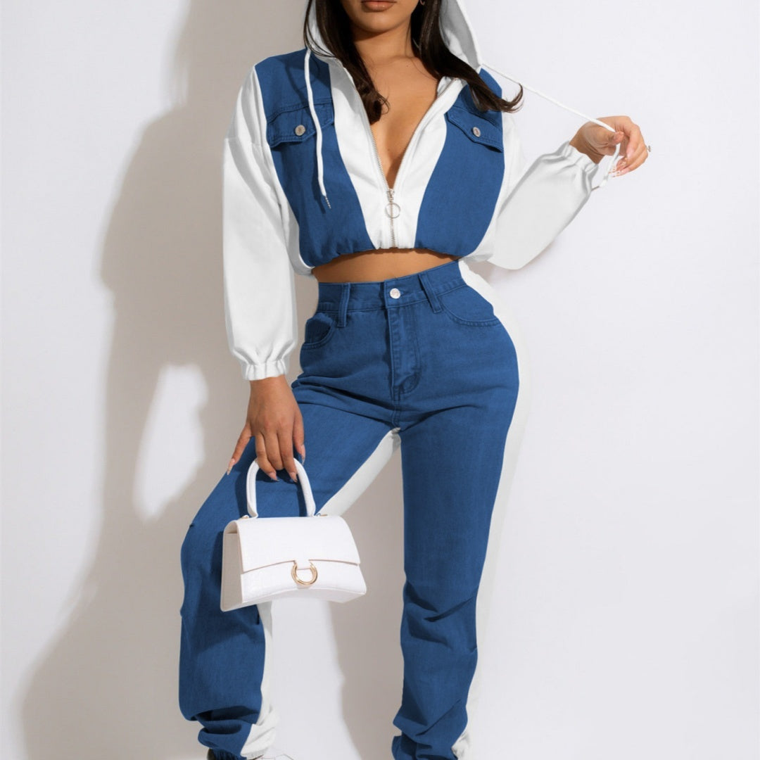 Women's Casual Denim Fashionable Jacket Trousers Suit