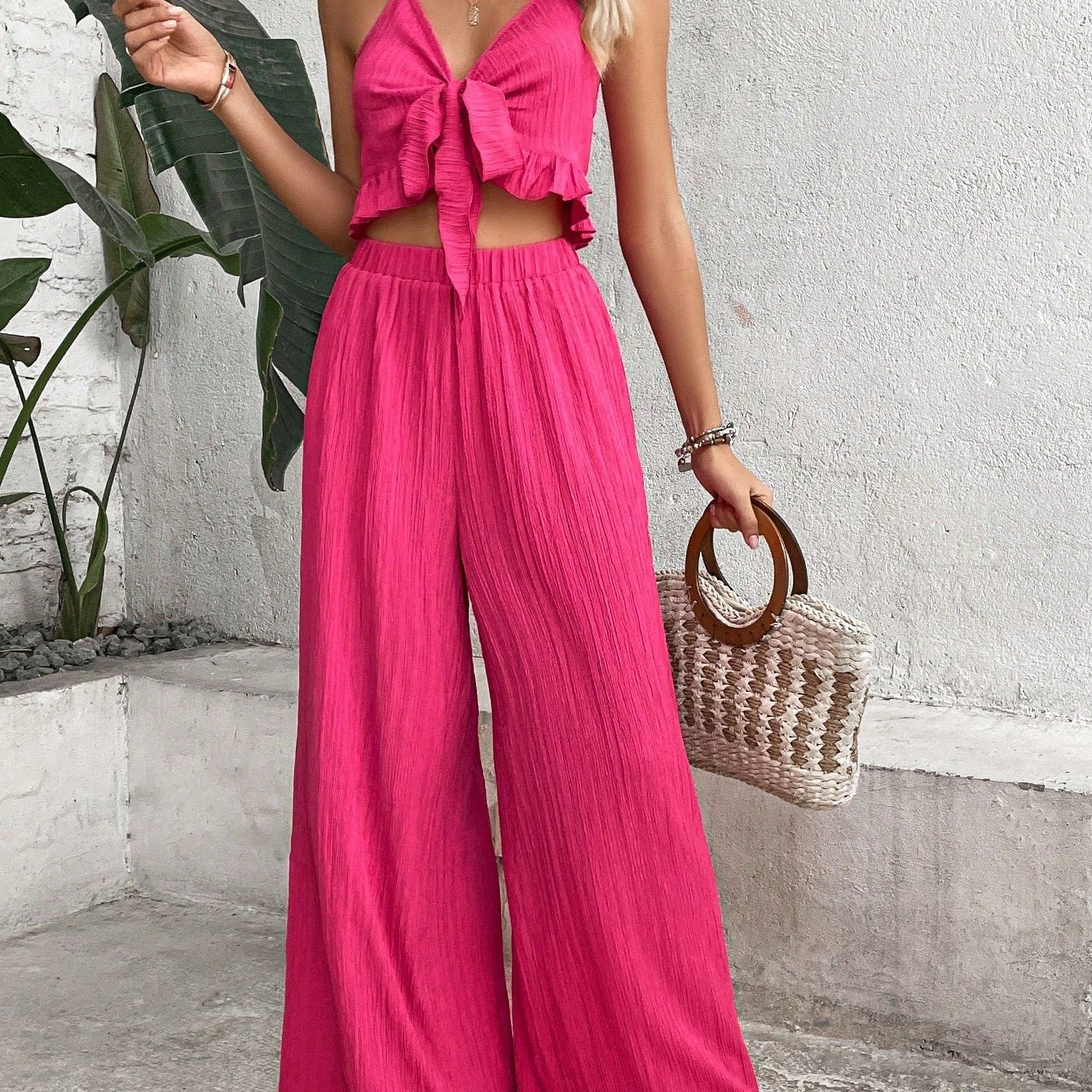 Pariaura Knot Front Cami Top Wide Leg Pants