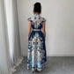 Fitted-waist Notched-collar Long Dress With Cap Sleeves