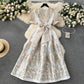 Vintage Printed Lace Up Waist-tight Long French Puff Sleeve Temperament Dress