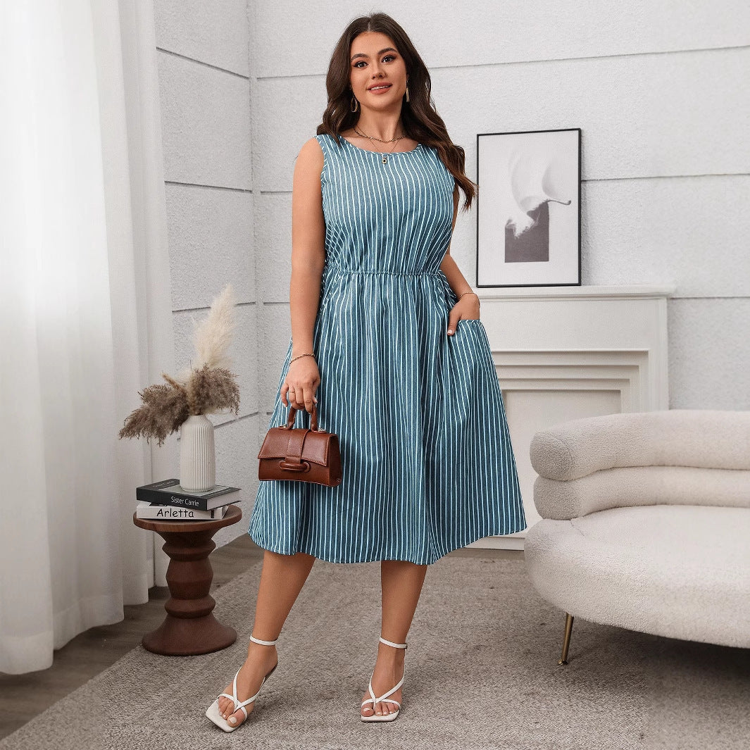 Contrast Color Striped Sleeveless Pocket Fashion Dress