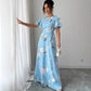 Floral Crew-neck Short-sleeve Waist-cinching Dress