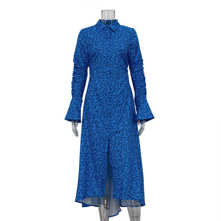 Robe plissée à manches cloche et revers pour femmes européennes et américaines