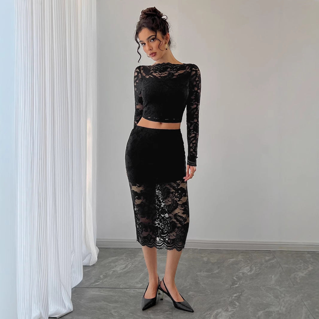 Women's Lace Jacquard Semi-transparent Skirt Suit