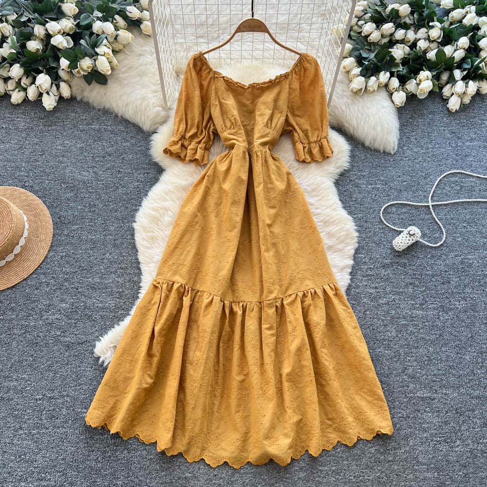 Women's French Retro A-Line Hollow-out Short-Sleeve Dress