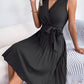 European And American Elegant Cross V-neck Sleeveless Cinched Pleated Dress