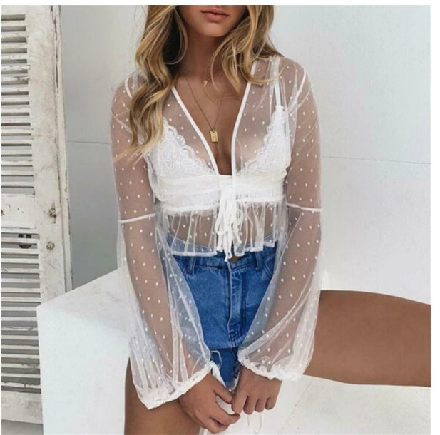 Fashion Mesh See-through Bandage Cardigan Short Outer Wear Sun Protection Shirt