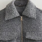 Autumn And Winter New Bead Leather Woolen Short Jacket Polo Collar Solid Color