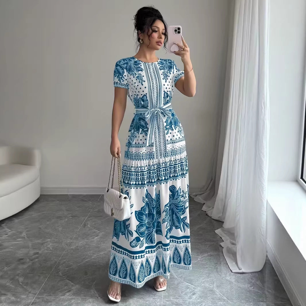 Womens Printed Elegant Simple Lace-up Round-neck Dress