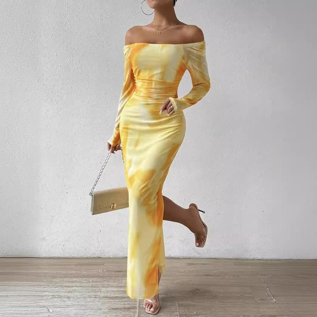 Printed Pleated Tight Split Square Collar Dress