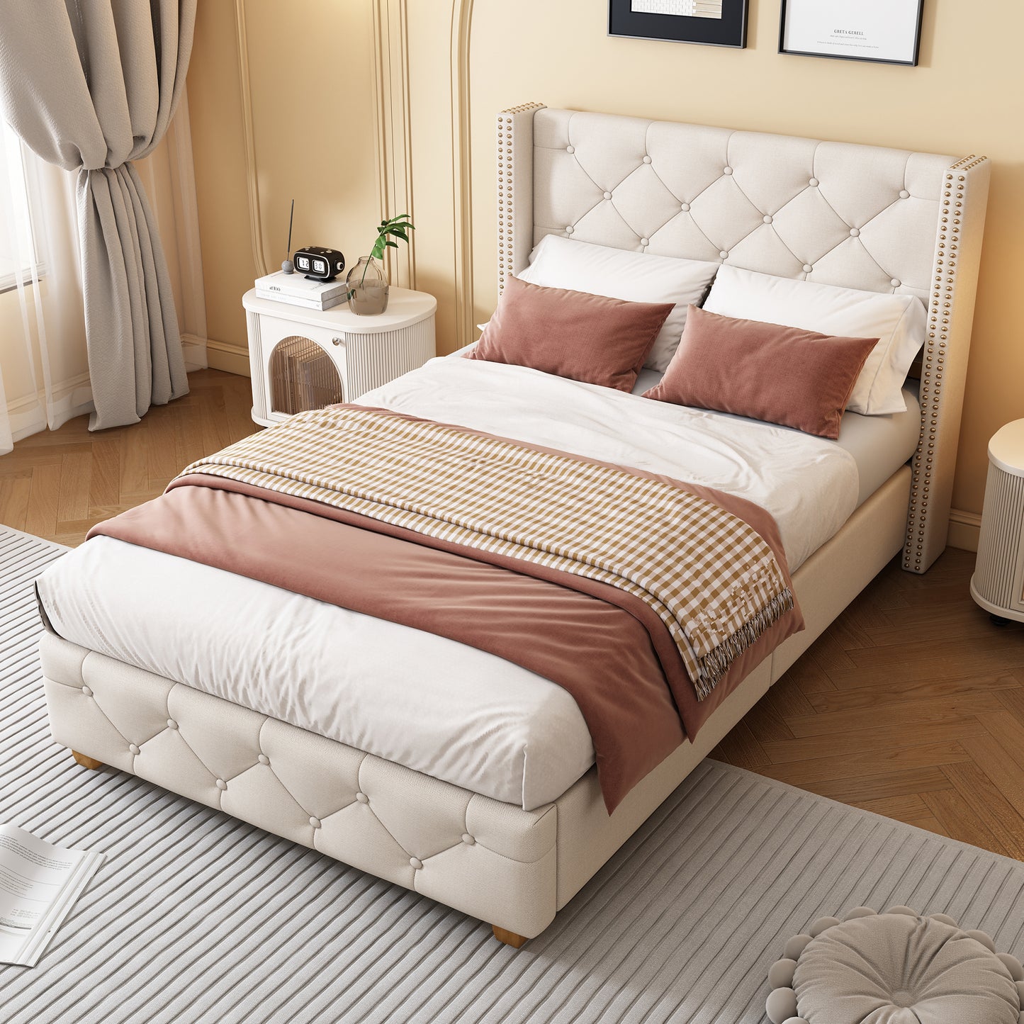 Upholstered Bed,Single Bed-3ft  90x190cm ,With Slatted Frame And Headboard, Button Upholstery, Rivet Upholstery, Wooden Legs, Linen, Beige