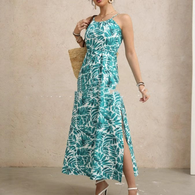 Women's Tie-Neck Floral Print High-Thigh Split Holiday Dress