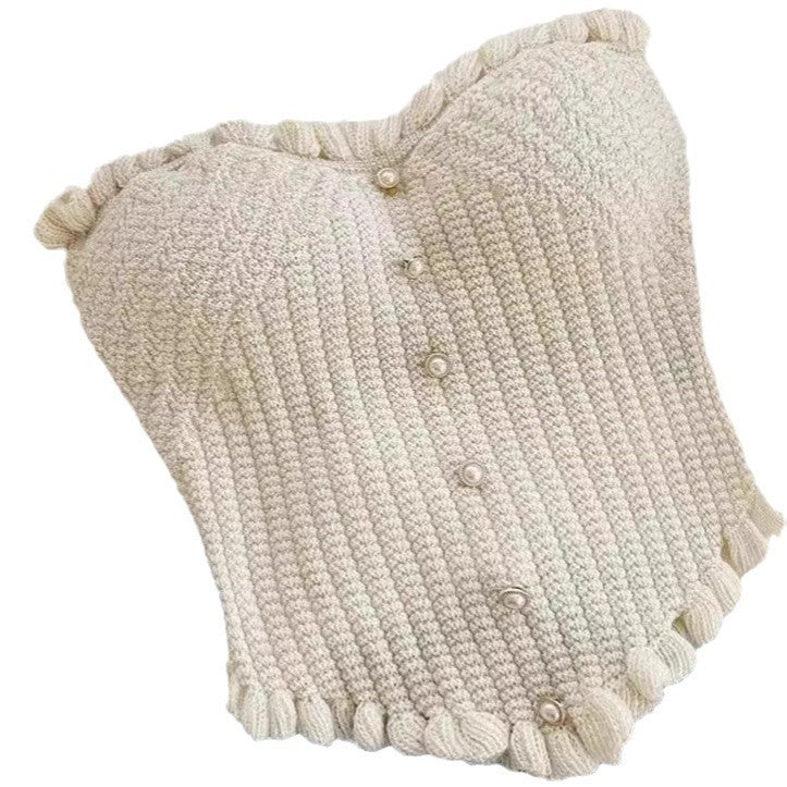 White Knitted Fabric Tube Top New Knitted Slim Fit Single Row Multi-buckle